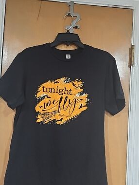 Men's Black Graphic Tee with Yellow Script Design